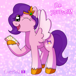 Size: 1000x1000 | Tagged: safe, artist:fruiitypieq, imported from derpibooru, pipp petals, pegasus, pony, abstract background, caption, cellphone, female, g5, mare, phone, smartphone, solo, text