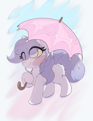 Size: 2078x2708 | Tagged: safe, artist:zzzsleepy, imported from derpibooru, oc, oc:chanter, ghost, ghost pony, undead, blush sticker, blushing, colored sclera, female, filly, foal, gradient background, happy, solo, umbrella, wavy mouth, yellow sclera