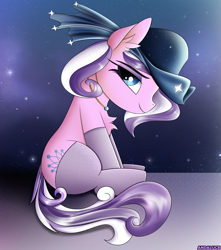 Size: 2707x3062 | Tagged: safe, artist:andaluce, imported from derpibooru, diamond tiara, pony, clothes, cute, female, filly, foal, hat, night, sitting, smiling, socks, solo, stars