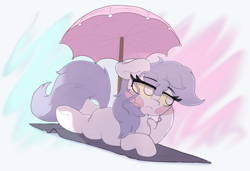 Size: 2957x2027 | Tagged: safe, artist:zzzsleepy, imported from derpibooru, oc, oc:chanter, ghost, ghost pony, undead, blush sticker, blushing, bored, colored sclera, female, filly, foal, gradient background, lying down, solo, umbrella, wavy mouth, yellow sclera