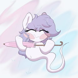 Size: 1926x1926 | Tagged: safe, artist:zzzsleepy, imported from derpibooru, oc, oc:chanter, ghost, ghost pony, undead, belly, belly button, blush sticker, blushing, eyes closed, female, filly, foal, gradient background, happy, holding, rain, solo, umbrella, wavy mouth