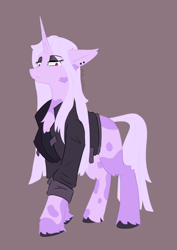 Size: 2480x3508 | Tagged: safe, artist:ollie sketchess, imported from derpibooru, oc, oc only, oc:nayra note, pony, unicorn, clothes, female, goth, horn, jacket, mare, simple background