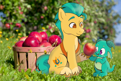 Size: 3181x2121 | Tagged: safe, artist:kittycatsun, imported from derpibooru, hitch trailblazer, dragon, earth pony, pony, apple, apple tree, autumn, baby, baby dragon, cute, duo, duo male and female, female, food, g5, hitchbetes, irl, male, photo, sparky sparkeroni, stallion, tree