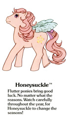 Size: 550x1000 | Tagged: safe, imported from derpibooru, honeysuckle, flutter pony, pegasus, pony, adorablesuckle, bow, cute, female, g1, g1 backstory, mare, my little pony fact file, official, smiling, solo, tail, tail bow, text