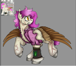 Size: 877x757 | Tagged: safe, artist:molars, imported from derpibooru, oc, oc:molars, pegasus, pony, angry, ashes town, branded, colored wings, dashite, dashite brand, gray hooves, gritted teeth, multicolored wings, pink mane, pipbuck, scar, solo, spread wings, teeth, unshorn fetlocks, wings, wip, yellow eyes