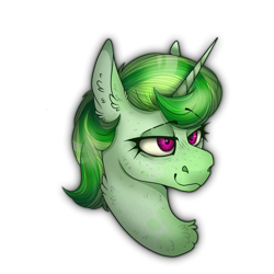 Size: 2300x2300 | Tagged: safe, artist:molars, imported from derpibooru, oc, oc only, oc:romantic dew, pony, unicorn, fallout equestria, ashes town, chest fluff, commission, eyeshadow, fluffy, horn, makeup, pink eyes, raised eyebrows, shrunken pupils