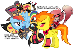 Size: 1080x724 | Tagged: safe, artist:proof-exchange-4003, imported from derpibooru, rainbow dash, spitfire, cyclops, demon, pegasus, snake, cherri bomb, cherrisnake, clothes, cosplay, costume, crossover, duo, duo female, fangs, female, floating, flying, hat, hazbin hotel, hellaverse, lesbian, male, mare, non-mlp shipping, punk, shipping, sir pentious, smiling, spitdash, straight, text, top hat, uniform