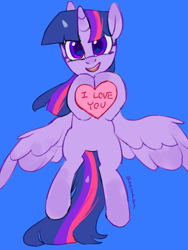 Size: 3072x4096 | Tagged: safe, artist:metaruscarlet, imported from derpibooru, twilight sparkle, alicorn, pony, blue background, english, flying, heart, horn, i love you, looking at you, open mouth, simple background, spread wings, text, twilight sparkle (alicorn), wings