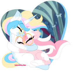 Size: 2000x2000 | Tagged: safe, artist:ladylullabystar, imported from derpibooru, oc, oc only, oc:lady lullaby star, oc:lunar moon, unicorn, blonde hair, cute, female, glasses, horn, hug, male, mare, pink fur, pink hair, smiling, stallion, tackle hug, white fur