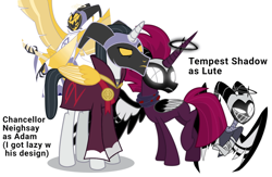 Size: 1080x703 | Tagged: safe, artist:proof-exchange-4003, imported from derpibooru, chancellor neighsay, tempest shadow, alicorn, unicorn, my little pony: the movie, adam (hazbin hotel), angel, clothes, cosplay, costume, crossover, female, guitar, guitarspear, halo, hazbin hotel, horn, lute (hazbin hotel), male, mare, mask, musical instrument, non-mlp shipping, open mouth, shipping, simple background, smiling, stallion, straight, teeth, tempest neighsay, white background