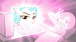 Size: 1200x675 | Tagged: safe, anonymous artist, artist:crystalmagic6, imported from derpibooru, cozy glow, human, pegasus, computer, cozyposting, female, filly, foal, glowie, keyboard, light rays, meme, smug, this will end in blindness