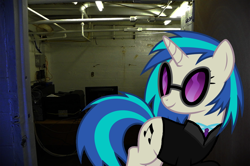 Size: 1080x717 | Tagged: safe, artist:epicheavytf2, artist:parclytaxel, artist:pyrogaming, imported from derpibooru, dj pon-3, vinyl scratch, pony, unicorn, alternate universe, black suit, clothes, computer, desk, female, five nights at freddy's, five nights at wario's, glasses, horn, interior, irl, light, mare, monitor, necktie, office, photo, ponies in real life, room, shirt, smiling, solo, suit, sunglasses, vinyl's glasses, wires