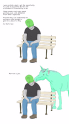 Size: 1658x3000 | Tagged: safe, artist:anonymousandrei, imported from derpibooru, lyra heartstrings, oc, oc:anon, horse, human, unicorn, 2 panel comic, anon mask, bench, comic, duo, expectation vs reality, female, hoers, horn, human in equestria, licking, male, mare, sad keanu, sitting, tongue out