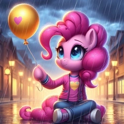 Size: 1024x1024 | Tagged: safe, imported from derpibooru, pinkie pie, anthro, earth pony, ai content, ai generated, balloon, clothes, denim, female, hoodie, jacket, jeans, lamppost, pants, prompter:pinkiepiepics, rain, solo