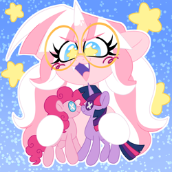 Size: 2000x2000 | Tagged: safe, artist:ladylullabystar, imported from derpibooru, pinkie pie, twilight sparkle, oc, alicorn, earth pony, unicorn, button eyes, doll, excited, female, horn, lesbian, now kiss, shipping, simple background, starry eyes, toy, twinkie, wingding eyes