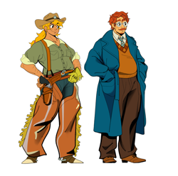 Size: 2605x2579 | Tagged: safe, artist:bixels, imported from derpibooru, applejack, sunburst, human, boots, chaps, clothes, coat, cowboy boots, duo, duo male and female, facial hair, female, gloves, gun, hand in pocket, handgun, high res, holster, humanized, male, moustache, necktie, revolver, shoes, simple background, spurs, suspenders, sweater vest, the grand galloping 20s, weapon, white background