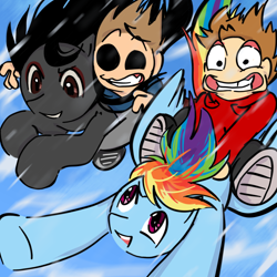 Size: 1000x1000 | Tagged: safe, artist:0liiver, imported from derpibooru, rainbow dash, oc, oc:basil (0liiver), bat pony, human, pegasus, pony, eddsworld, flying, tom (eddsworld), tord (eddsworld)