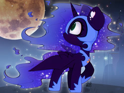 Size: 3000x2250 | Tagged: safe, artist:zokkili, imported from derpibooru, nightmare moon, alicorn, pony, canterlot castle, ear fluff, ethereal mane, ethereal tail, female, full moon, helmet, high res, hoof shoes, horn, looking back, mare, moon, peytral, princess shoes, raised hoof, signature, solo, spread wings, tail, wings