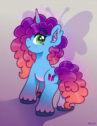 Size: 4000x5175 | Tagged: safe, artist:sol-r, imported from derpibooru, pony, unicorn, female, freckles, g5, gradient background, horn, looking back, mare, misty brightdawn, rebirth misty, signature, solo, tail, unshorn fetlocks