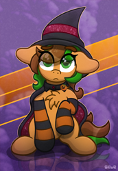 Size: 2750x4000 | Tagged: safe, artist:sol-r, imported from derpibooru, oc, oc only, pony, cape, chest fluff, clothes, hat, reflection, socks, solo, striped socks, witch hat