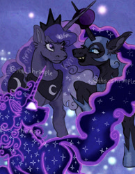 Size: 640x826 | Tagged: source needed, safe, artist:its-shrimple, imported from derpibooru, nightmare moon, princess luna, tantabus, alicorn, pony, cutie mark, ethereal mane, female, horn, horn impalement, jewelry, mare, obtrusive watermark, regalia, starry mane, triality, watermark