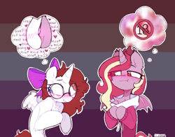 Size: 780x610 | Tagged: safe, alternate version, artist:flixanoa, imported from derpibooru, part of a set, oc, oc only, alicorn, bat pony, bat pony alicorn, pony, alicorn oc, alternate character, alternate versions at source, bat pony alicorn oc, bat pony oc, bat wings, belly fluff, big eyes, blue eyes, blush lines, blush scribble, blushing, censored, chest fluff, clothes, commission, crown, duo, ear tufts, eye clipping through hair, eyebrows, eyebrows visible through hair, female, female oc, flag background, freckles, glasses, hair accessory, hock fluff, holding hooves, hoodie, hoof blush, hooves together, horn, human shoulders, jewelry, lesbian, lesbian pride flag, lewd thoughts, lidded eyes, long mane, looking at someone, looking away, mane accessory, mare, mare oc, nervous, oc name needed, oc x oc, outline, pink bow, pink hoodie, pride, pride background, pride flag, red eyes, red mane, red tail, regalia, round glasses, shipping, signature, slender, small wings, smiling, smiling at someone, spread wings, striped background, sweat, tail, thick horn, thin, thinking, thought bubble, two toned mane, two toned tail, wavy mouth, white coat, wing fluff, wings, ych result