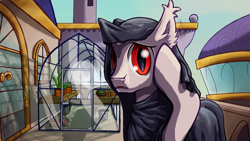 Size: 2880x1620 | Tagged: safe, artist:badday, imported from twibooru, oc, oc:alabaster comethoof, bat pony, bat pony unicorn, hybrid, pony, unicorn, albino, background, bat pony oc, bat wings, cloak, clothes, ear fluff, fanfic art, greenhouse, horn, image, looking at you, male, plant, png, slit pupils, solo, stallion, wings, worried, worried look