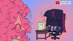 Size: 1166x649 | Tagged: safe, artist:psych2go, imported from derpibooru, pinkie pie, twilight sparkle, human, equestria girls, :3, abstract background, alternate color palette, blushing, chair, clothes, cute, desk, diapinkes, eyes closed, happy, necktie, pink hair, pink skin, purple hair, purple skin, sitting, stack of papers, suit, sweater, three toned hair, twiabetes