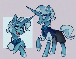 Size: 1441x1121 | Tagged: safe, artist:disaterror, imported from derpibooru, oc, oc only, oc:ice shot, pony, unicorn, fallout equestria, bags under eyes, blue coat, blue eyeshadow, blue hooves, blue mane, blue sclera, blue tail, bowtie, clothes, collared shirt, colored eyebrows, colored hooves, colored pinnae, colored sclera, crossed hooves, duality, eyeshadow, facial hair, gray background, gray eyes, hooves, horn, lidded eyes, long horn, makeup, male, male oc, moustache, muttonchops, no catchlights, no pupils, noise, not jack pot, open mouth, open smile, passepartout, pre-war, profile, raised hoof, requested art, shiny hooves, shirt, shorts, simple background, smiling, stallion, stallion oc, standing, tail, thin, three quarter view, two toned mane, two toned tail, unicorn horn, unicorn oc, uniform, vest, white shirt