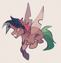 Size: 1313x1360 | Tagged: safe, artist:disaterror, imported from derpibooru, oc, oc only, oc:vas, changeling, brown changeling, changeling oc, changeling wings, colored sclera, curved horn, flying, gradient legs, gradient muzzle, green tail, grin, horn, looking back, male, multicolored mane, no catchlights, no pupils, pale muzzle, profile, raised hoof, red eyes, requested art, simple background, smiling, spiky mane, spread wings, tail, three toned tail, watermark, white background, wings, yellow sclera