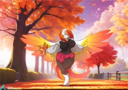 Size: 1100x779 | Tagged: safe, artist:arctic-fox, imported from derpibooru, oc, oc only, anthro, pegasus, unguligrade anthro, autumn, big breasts, breasts, busty oc, clothes, colored wings, colored wingtips, eye clipping through hair, falling leaves, gradient wings, huge breasts, leaf, leaves, pegasus oc, skirt, smiling, spread wings, standing, standing on one leg, sunlight, sunset, sweater, unshorn fetlocks, wide hips, wings