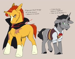Size: 4096x3263 | Tagged: safe, artist:chub-wub, imported from derpibooru, king sombra, sunburst, pony, unicorn, alternate accessories, alternate design, alternate hairstyle, alternate tailstyle, amulet, beard, beige background, black hooves, black mane, black tail, blaze (coat marking), body scar, bowtie, broken horn, brown background, cape, clothes, coat markings, collared shirt, colored, duo, duo male, evil sunburst, eyebrow slit, eyebrows, facial hair, facial markings, facial scar, fetlock tuft, flat colors, floppy ears, frown, glasses, good king sombra, gray coat, green eyes, hatching (technique), height difference, high res, hoof fluff, horn, jewelry, leg scar, looking at you, magic, male, missing cutie mark, narrowed eyes, orange coat, personality swap, physique difference, raised leg, red mane, red tail, requested art, round glasses, scar, shirt, short mane, short tail, shoulder scar, sideburns, simple background, slit pupils, small glasses, smiling, smiling at you, socks (coat markings), stallion, standing, standing on three hooves, sweater vest, tail, tan background, teal eyes, text, three quarter view, torn ear, two toned mane, two toned tail, unicorn horn, vest, white shirt
