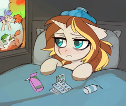 Size: 2654x2228 | Tagged: safe, artist:fensu-san, imported from derpibooru, oc, oc only, unicorn, bed, blanket, high res, horn, in bed, indoors, lying down, lying on bed, on bed, pillow, sick, unicorn oc