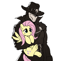 Size: 1561x1580 | Tagged: safe, artist:xen-on-x, imported from derpibooru, fluttershy, human, pegasus, pony, clothes, female, hat, holding a pony, mare, mask, simple background, trenchcoat, white background