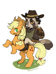 Size: 1344x1758 | Tagged: safe, artist:entomoleja, imported from derpibooru, applejack, earth pony, pony, tanooki, bridle, cowboy, furry, looking at you, rearing, riding, riding a pony, simple background, tack, white background