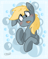 Size: 1587x1926 | Tagged: safe, artist:derpydoodesigns, artist:derpydooreviews, imported from derpibooru, derpy hooves, pony, blushing, bubble, bust, confused, cutie mark background, female, mare, open mouth, solo