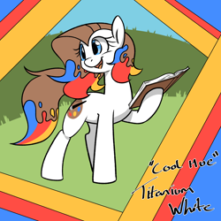 Size: 4000x4000 | Tagged: safe, artist:derpydoodesigns, artist:derpydooreviews, imported from derpibooru, oc, oc only, oc:titanium white, earth pony, pony, absurd resolution, artist, book, earth pony oc, female, holding, mare, open mouth, paint, paint in hair, smiling, solo