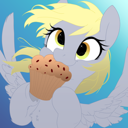 Size: 4000x4000 | Tagged: safe, artist:derpydoodesigns, artist:derpydooreviews, imported from derpibooru, derpy hooves, pegasus, pony, absurd resolution, bust, cute, derpabetes, eating, female, food, gradient background, holding, mare, muffin, smiling, solo, spread wings, wings