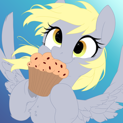 Size: 4000x4000 | Tagged: safe, alternate version, artist:derpydoodesigns, artist:derpydooreviews, imported from derpibooru, derpy hooves, pegasus, pony, absurd resolution, bust, colored, cute, derpabetes, eating, female, flat colors, food, gradient background, holding, mare, muffin, smiling, solo, spread wings, wings