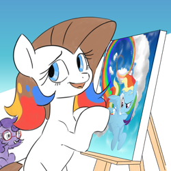 Size: 4000x4000 | Tagged: safe, artist:derpydoodesigns, artist:derpydooreviews, imported from derpibooru, rainbow dash, oc, oc:titanium white, earth pony, pegasus, pony, absurd resolution, artist, drawing, easel, embarrassed, female, mare, sitting