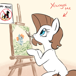 Size: 4000x4000 | Tagged: safe, artist:derpydoodesigns, artist:derpydooreviews, imported from derpibooru, derpy hooves, oc, oc:titanium white, earth pony, pony, absurd resolution, artist, drawing, easel, female, filly, foal, mouth hold, paintbrush, sitting