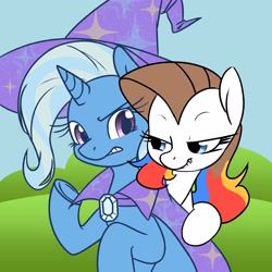 Size: 4000x4000 | Tagged: safe, artist:derpydoodesigns, artist:derpydooreviews, imported from derpibooru, trixie, oc, oc:titanium white, earth pony, pony, unicorn, absurd resolution, annoyed, bust, cape, clothes, duo, female, hat, horn, mare, sitting, smiling, smirk, trixie's cape, trixie's hat