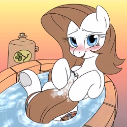 Size: 4096x4096 | Tagged: safe, artist:derpydoodesigns, artist:derpydooreviews, imported from derpibooru, oc, oc only, oc:titanium white, earth pony, pony, absurd resolution, bath, bathtub, blushing, covering, female, gradient background, lying down, mare, on back, solo, tail, tail covering