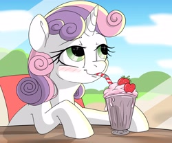 Size: 4096x3413 | Tagged: safe, artist:derpydoodesigns, artist:derpydooreviews, imported from derpibooru, sweetie belle, pony, unicorn, blushing, bust, chair, drink, drinking straw, female, filly, foal, food, high res, horn, milkshake, sitting, solo, straw, strawberry, table