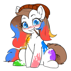 Size: 5000x5000 | Tagged: safe, artist:derpydoodesigns, artist:derpydooreviews, imported from derpibooru, oc, oc only, oc:titanium white, earth pony, pony, absurd resolution, beanie, blushing, female, grin, hat, looking at you, mare, mouth hold, paint in hair, paint on fur, paintbrush, simple background, sitting, smiling, solo, transparent background