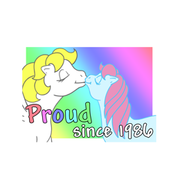 Size: 5000x5000 | Tagged: safe, artist:derpydoodesigns, artist:derpydooreviews, imported from derpibooru, baby cuddles, surprise, earth pony, pegasus, pony, absurd resolution, bust, duo, eyes closed, female, g1, mare, nuzzling, simple background, sticker, transparent background