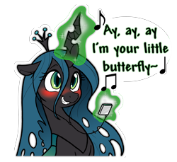 Size: 5796x5305 | Tagged: safe, artist:derpydoodesigns, artist:derpydooreviews, imported from derpibooru, queen chrysalis, changeling, changeling queen, absurd resolution, blushing, bust, butterfly (song), cute, cutealis, earbuds, embarrassed, female, glowing, glowing horn, grin, horn, levitation, magic, music, music player, simple background, smiling, solo, sticker, telekinesis, text, transparent background