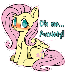 Size: 3888x4320 | Tagged: safe, alternate version, artist:derpydoodesigns, artist:derpydooreviews, imported from derpibooru, fluttershy, pegasus, pony, absurd resolution, anxiety, anxious, blushing, female, frown, mare, shrunken pupils, simple background, sitting, solo, sticker, text, transparent background