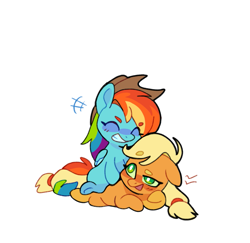 Size: 917x890 | Tagged: safe, artist:rr29578979, imported from derpibooru, applejack, rainbow dash, earth pony, pegasus, pony, appledash, applejack's hat, beanbrows, cowboy hat, eyebrows, eyebrows visible through hair, female, hat, lesbian, ponies riding ponies, rainbow dash wearing applejack's hat, riding, riding a pony, shipping, simple background, white background