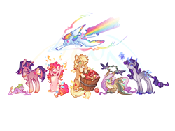 Size: 4000x3000 | Tagged: safe, artist:qpnnn, imported from derpibooru, applejack, fluttershy, pinkie pie, rainbow dash, rarity, spike, twilight sparkle, mane seven, mane six, simple background, white background